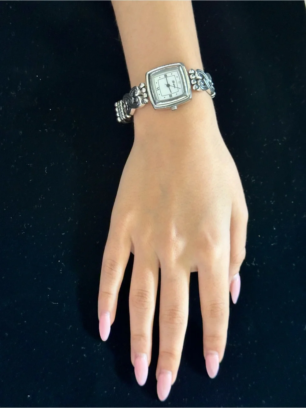 Brighton Silver-Tone Ornate Bracelet Watch with White Dial